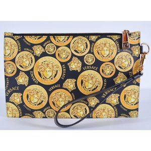 NEW Versace $900 Calf Leather Amplified Medusa Head Zip Pouch Wristlet Purse